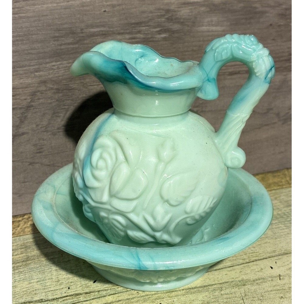 Vintage Avon Green/Blue Marbled Milk Glass Pitcher and Bowl